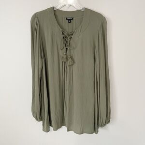 Torrid Size L Green Lace Up Tie Front Long Sleeve Career Office Blouse Top